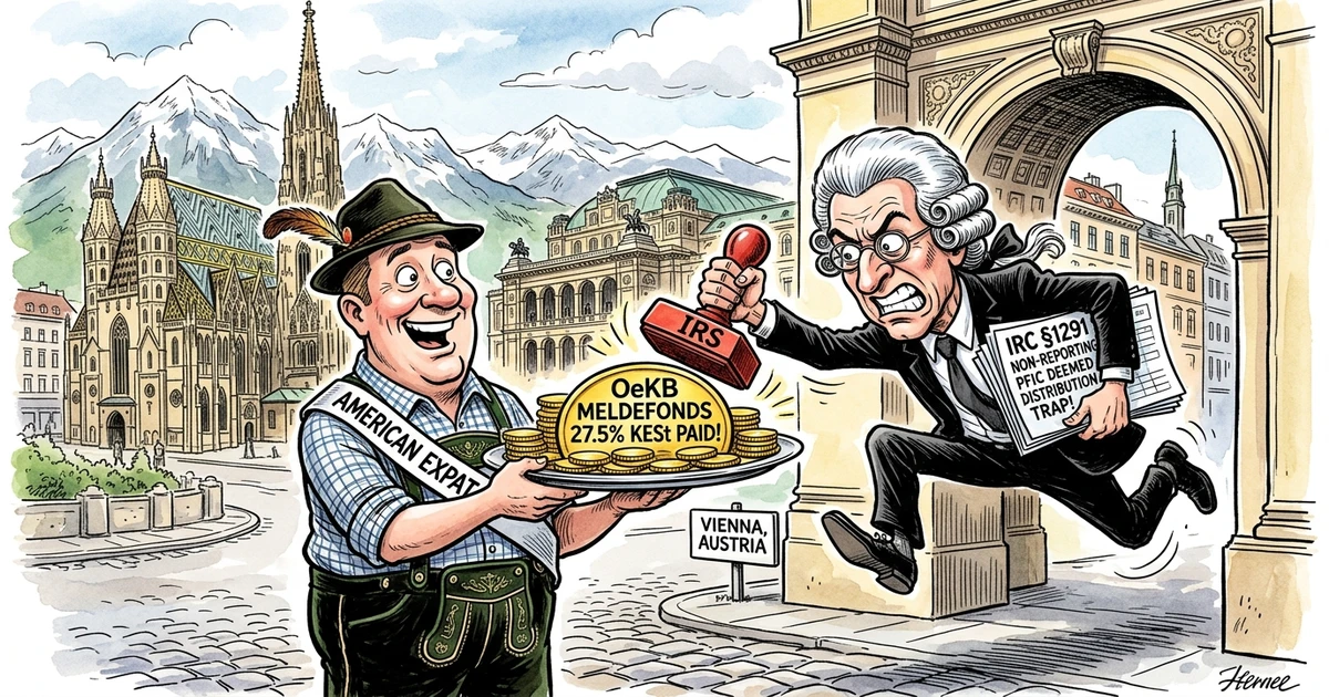 Editorial caricature of an American expat in Austria proudly holding OeKB Meldefonds KESt paid coins surprised by an IRS auditor in a Mozart wig holding a Section 1291 deemed distribution trap