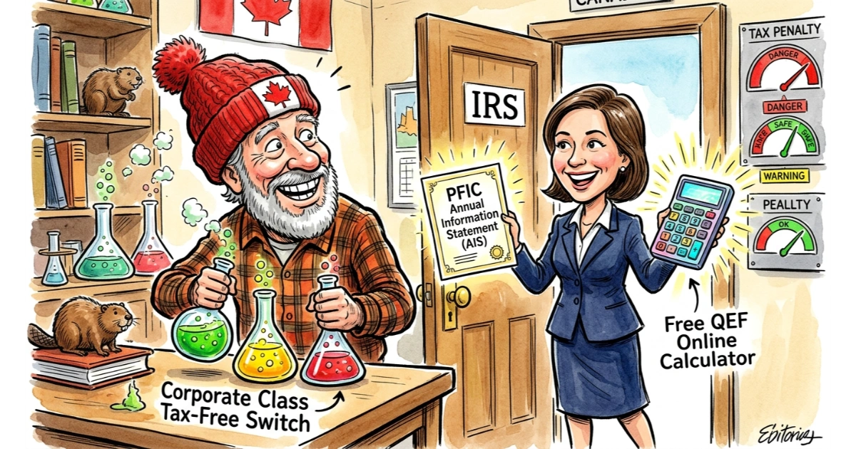 Caricature of a Canadian investor in a toque mixing corporate class tax-free switch flasks while a friendly tax specialist enters with a PFIC Annual Information Statement AIS and QEF calculator turning tax penalty meters green