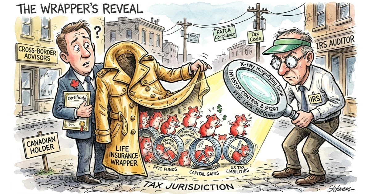 Editorial political cartoon of an IRS auditor using an investor-control X-ray lamp to reveal chaotic PFIC mutual fund hamsters hiding inside a Canadian investor's life insurance trench coat wrapper