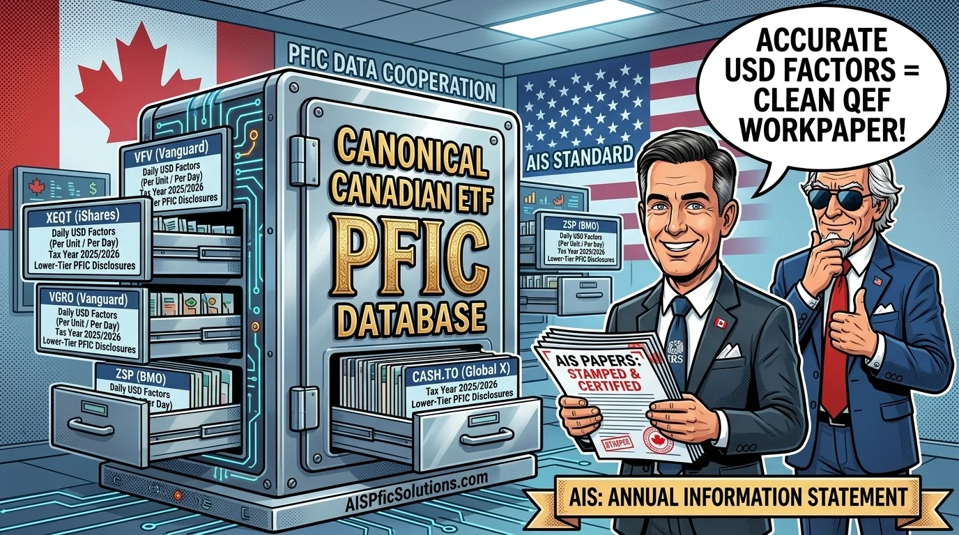 Canonical Canadian ETF PFIC AIS database showing verified annual statements, USD factor formats, and issuer links