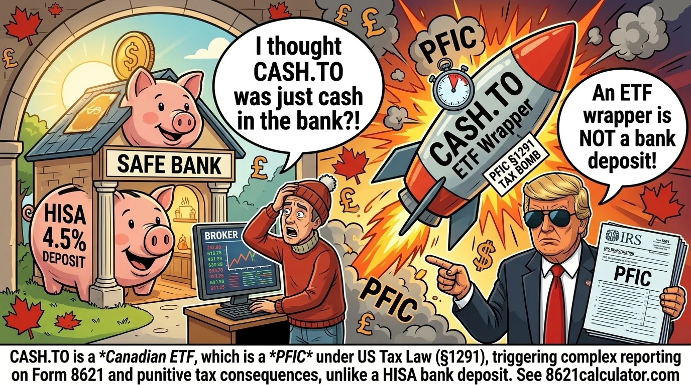 Comic comparison of Canadian bank HISA deposit vs CASH.TO and CBIL ETF wrappers under U.S. PFIC tax rules