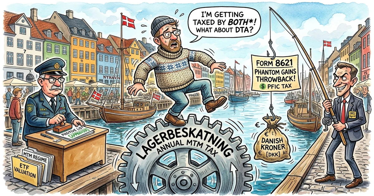 Comic cartoon of a Danish-American investor balancing on a rotating Lagerbeskatning mark-to-market cogwheel between Danish SKAT approval and an IRS agent fishing for Form 8621 phantom gains