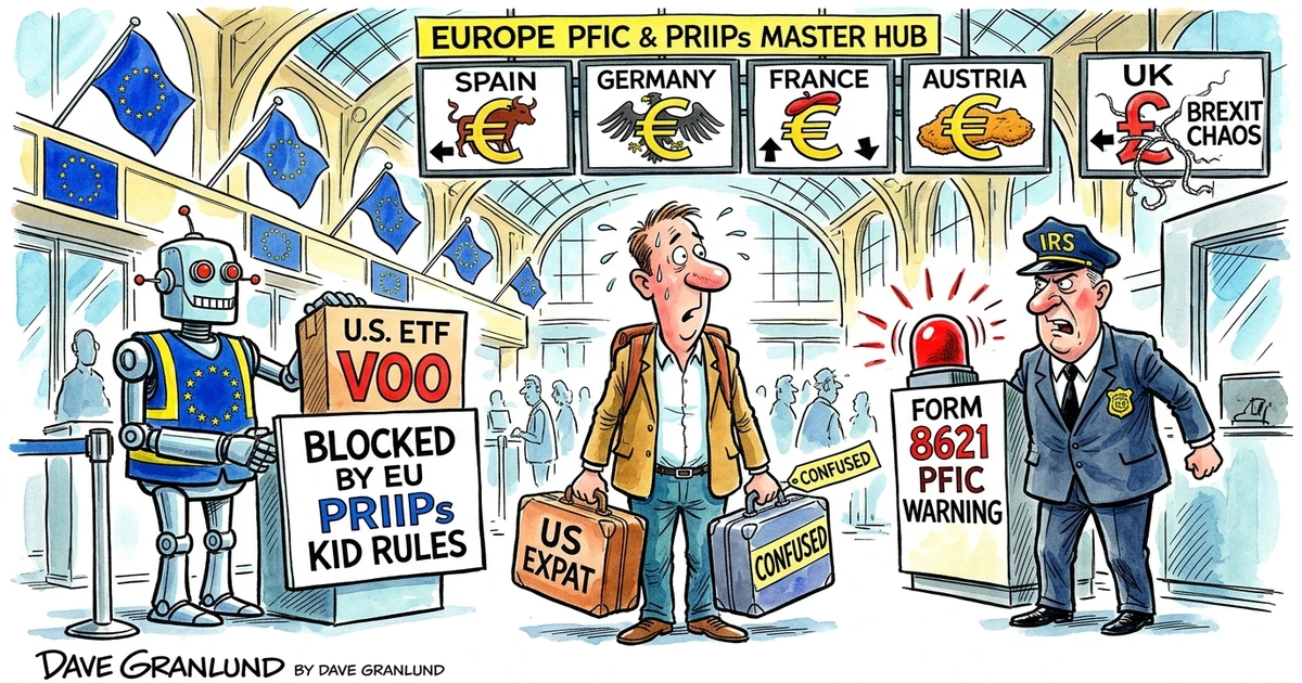 Humorous hand-drawn editorial cartoon depicting an American expat in Europe caught between EU PRIIPs rules and IRS Form 8621 PFIC taxation.