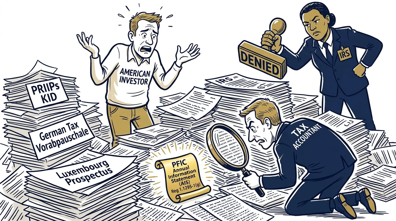 Humorous editorial cartoon depicting an American investor and CPA searching desperately through European fund documents for a valid PFIC Annual Information Statement.