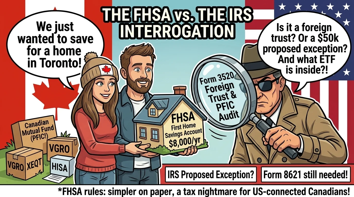 Caricature diagram of Canadian FHSA first home savings account analyzed under IRS proposed foreign-trust rules and Form 8621 PFIC rules