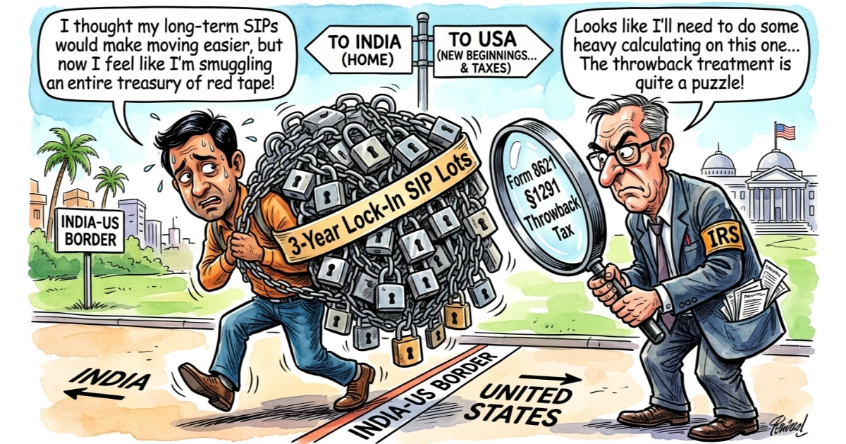 Comic illustration of an Indian NRI investor carrying 36 locked SIP lots confronted by an IRS auditor with a Form 8621 Section 1291 magnifying glass at the US border