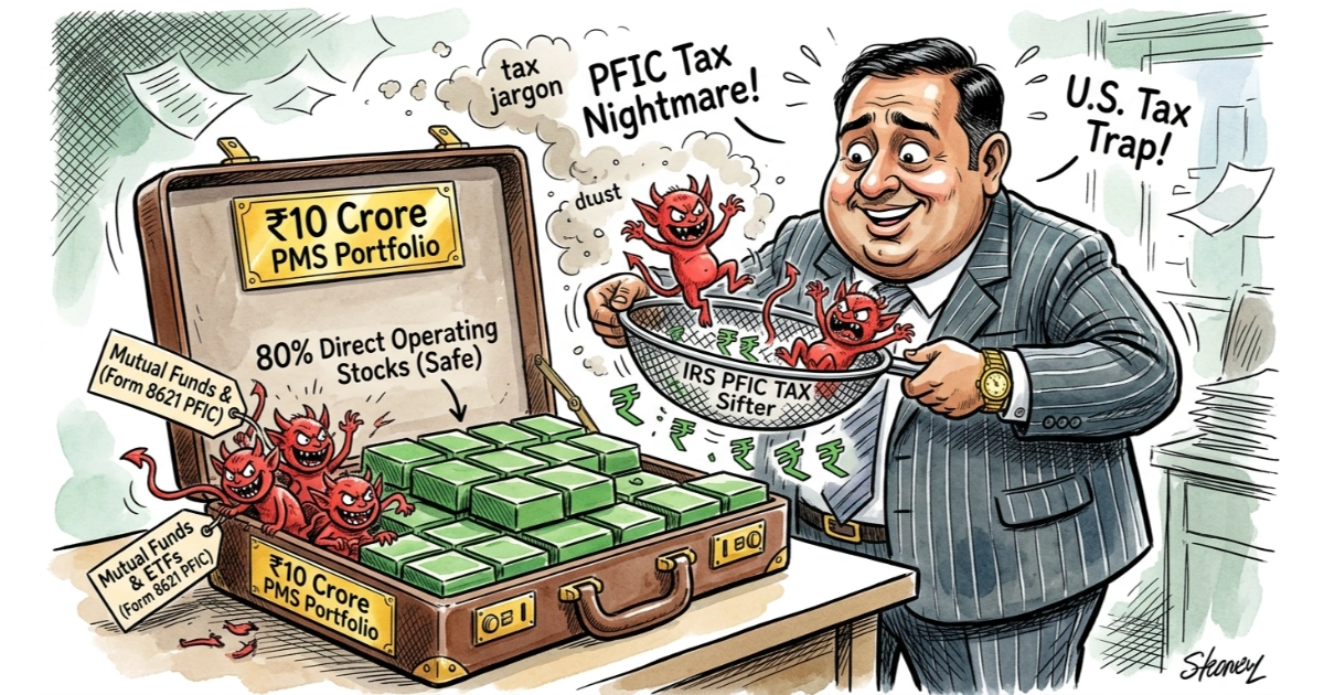 Editorial caricature of a wealthy Indian investor opening a ₹10 Crore PMS portfolio briefcase separating direct safe stocks from mischievous Form 8621 PFIC red gremlins with an IRS tax sifter