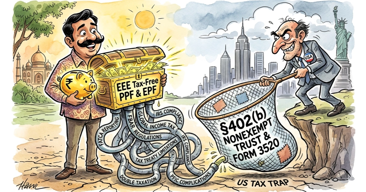 Humorous comic showing an Indian expat holding an EEE tax-free PPF chest tangled in multinational tax pipes caught by an IRS Section 402(b) and Form 3520 net