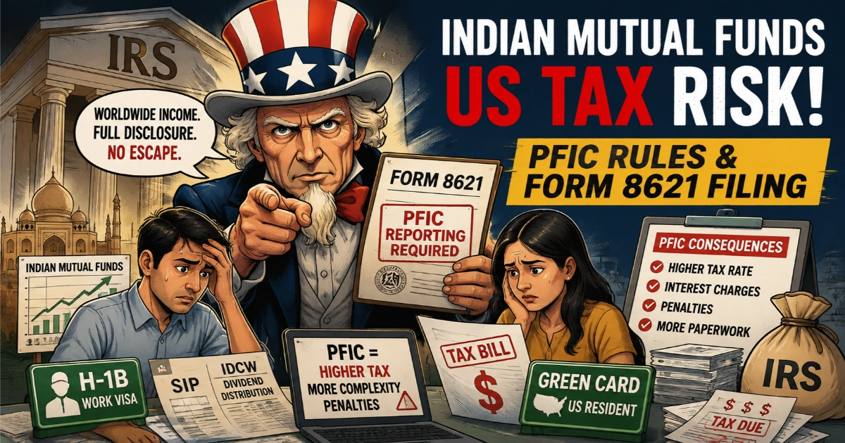 Indian mutual funds U.S. tax illustration showing PFIC reporting, Form 8621, H-1B visa holders and U.S. green card holders.