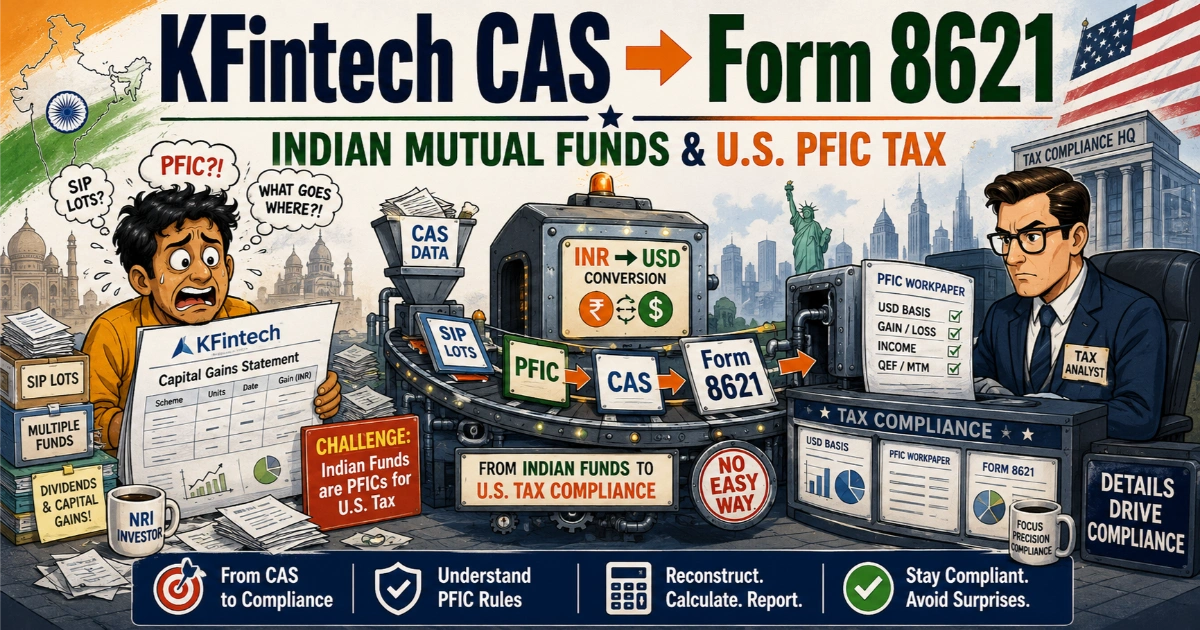 KFintech CAS to Form 8621 workflow for Indian mutual funds, showing PFIC reporting, SIP lot reconstruction, INR to USD conversion, and U.S. tax compliance.