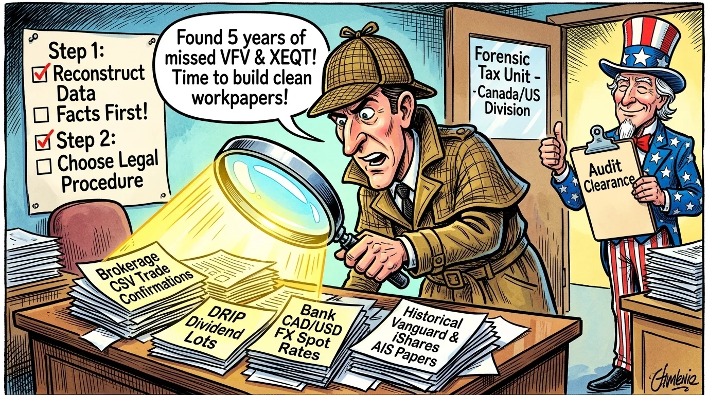 Forensic audit cartoon showing step-by-step reconstruction of historical Canadian brokerage CSV records, DRIP lots, and official AIS statements