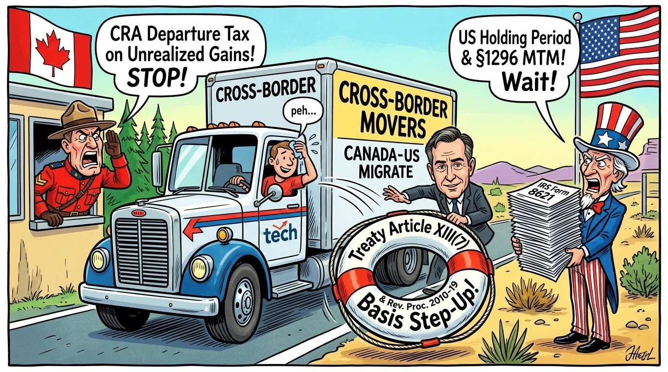 Comic cartoon of Canadian cross-border migration showing CRA Departure Tax, Treaty Article XIII(7) basis step-up, and IRS Form 8621 transition