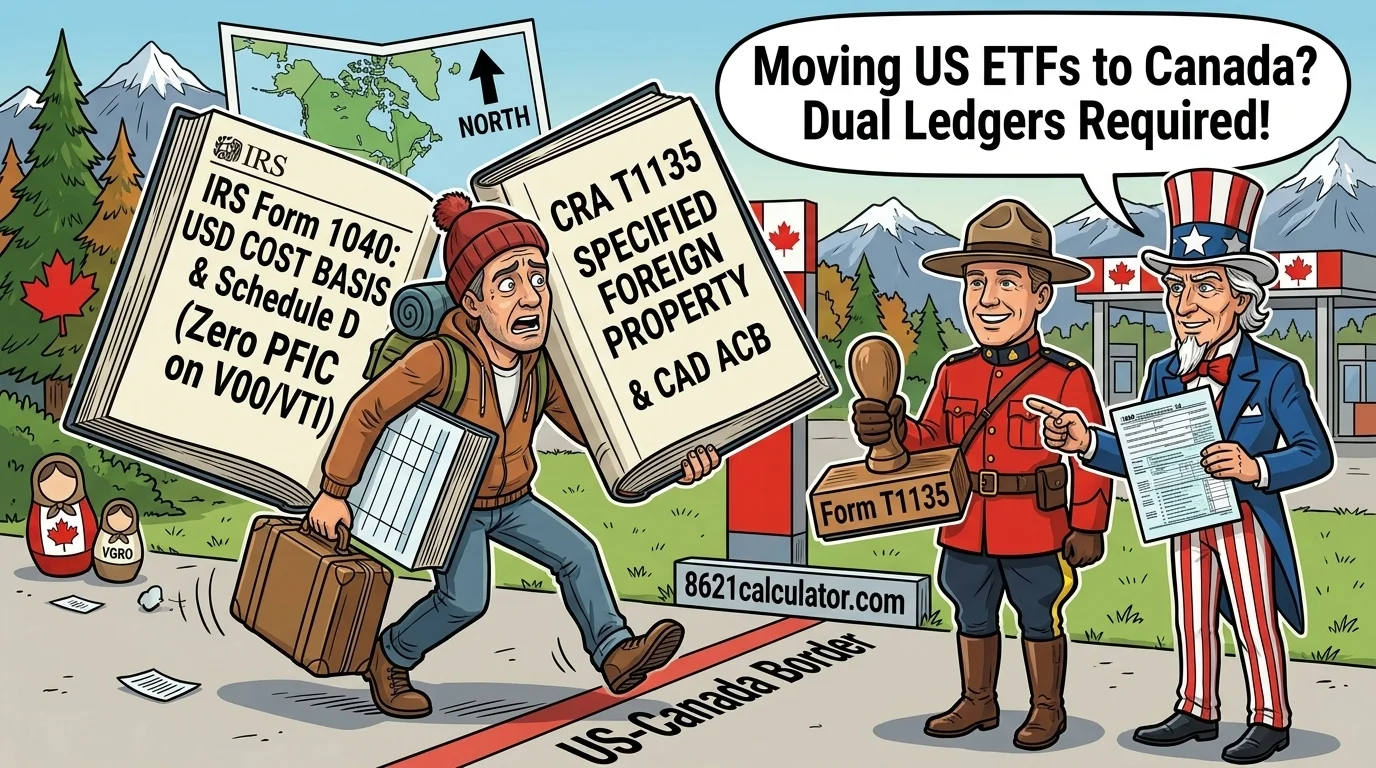 Dual-ledger accounting diagram for moving U.S. ETFs to Canada comparing IRS USD cost basis with CRA CAD ACB and Form T1135 reporting