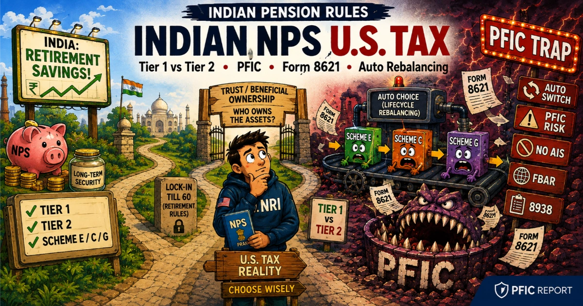 Indian NPS U.S. Tax: Comic illustration contrasting Indian retirement savings (Tier 1 lock-in till 60, Tier 2, PRAN) with U.S. PFIC trap (Auto-Choice lifecycle rebalancing machine shifting Scheme E to C/G into Form 8621 monster, FBAR and Form 8938)