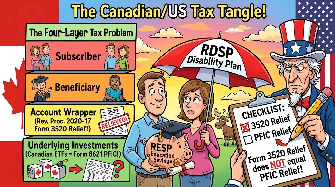 Four-layer ownership cartoon analyzing Canadian RESP and RDSP accounts under Rev. Proc. 2020-17 Form 3520 relief vs underlying Canadian ETF Form 8621 rules