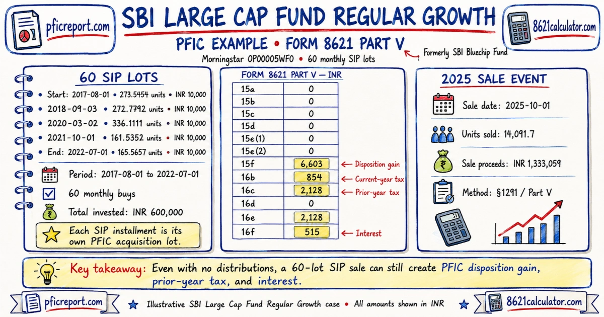 SBI Large Cap Fund PFIC Form 8621 example showing 60 monthly SIP lots, a 2025 sale, and Part V Section 1291 calculation results.