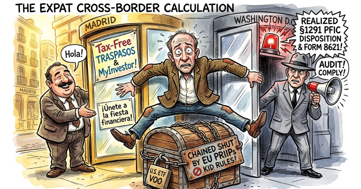 Humorous comic of an American expat caught in revolving doors between Madrid tax-free traspasos and Washington IRS Section 1291 alarm while stepping over a chained US ETF VOO chest