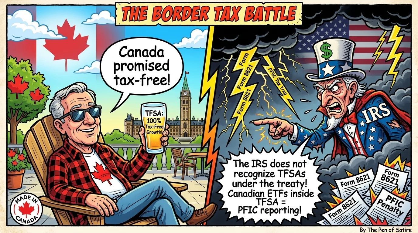 Split-screen cartoon contrasting Canada 100% tax-free TFSA rules with IRS Form 8621 PFIC taxation and Form 3520 foreign-trust uncertainty