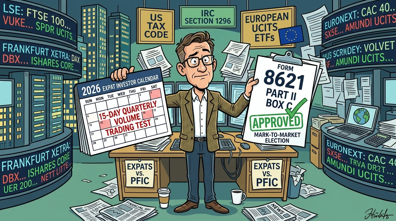 Humorous editorial cartoon depicting an American expatriate trader verifying the 15-day quarterly volume trading test on European stock exchanges for an IRC Section 1296 Mark-to-Market election.