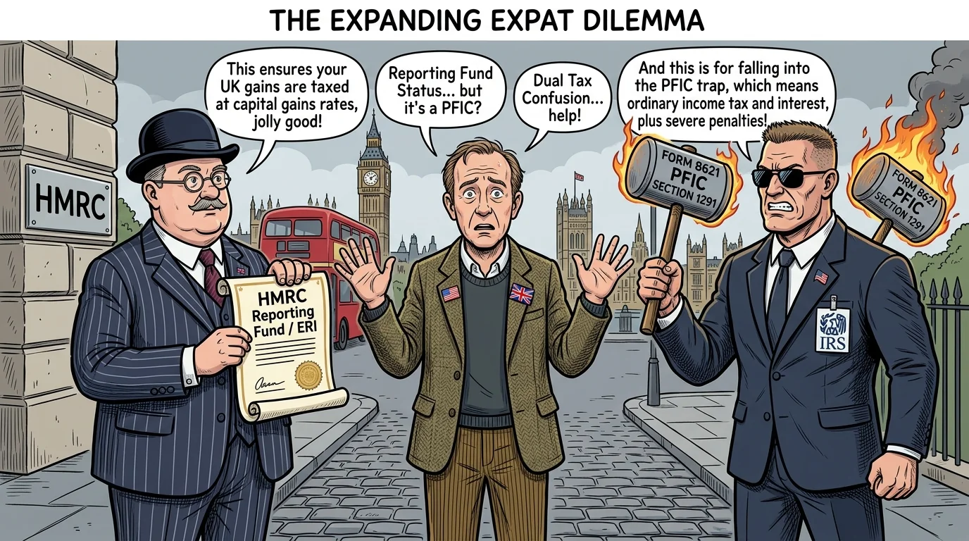 Humorous editorial cartoon depicting a British-American dual citizen caught between HMRC Reporting Fund status in the UK and IRS Form 8621 PFIC penalties in the US.