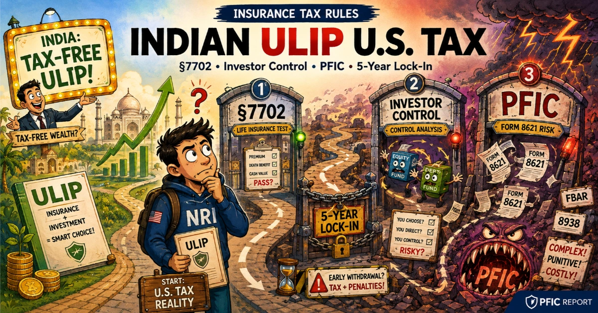 Indian ULIP U.S. Tax: IRC §7702 actuarial qualification (CVAT, guideline premium, investor control) and 5-year lock-in sub-fund PFIC rules diagram