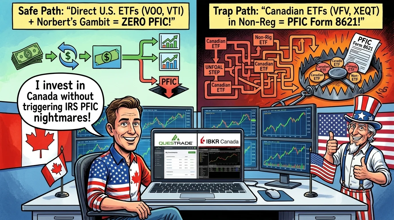 Illustration of account architecture matrix for Americans in Canada choosing between U.S. ETFs, Canadian ETFs, and Norbert's Gambit