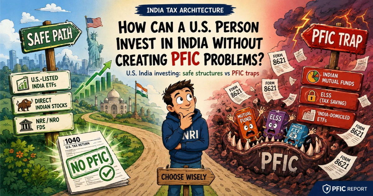 How can a U.S. person invest in India without creating PFIC problems: comic comparison between Safe Path (U.S. ETFs, direct stocks, NRE/NRO FDs with Form 1040 No PFIC stamp) and PFIC Trap (Indian mutual funds, ELSS, India ETFs falling into Form 8621 monster)