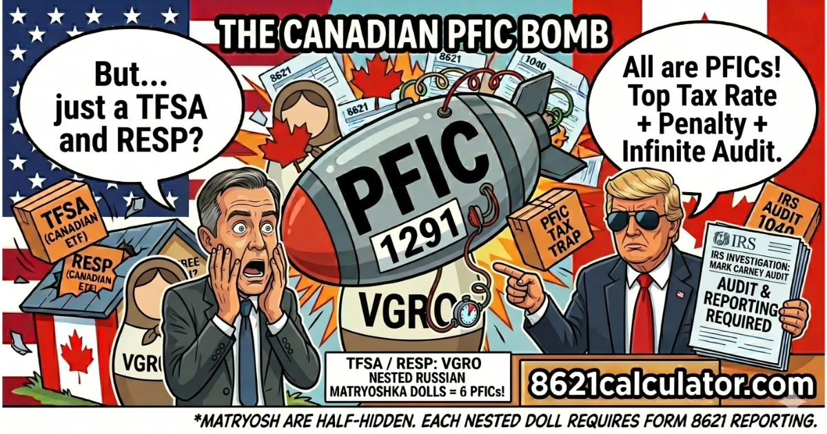 Comic diagram analyzing VFV vs VOO ETF wrappers and XEQT Russian nesting dolls revealing lower-tier Canadian and international PFICs