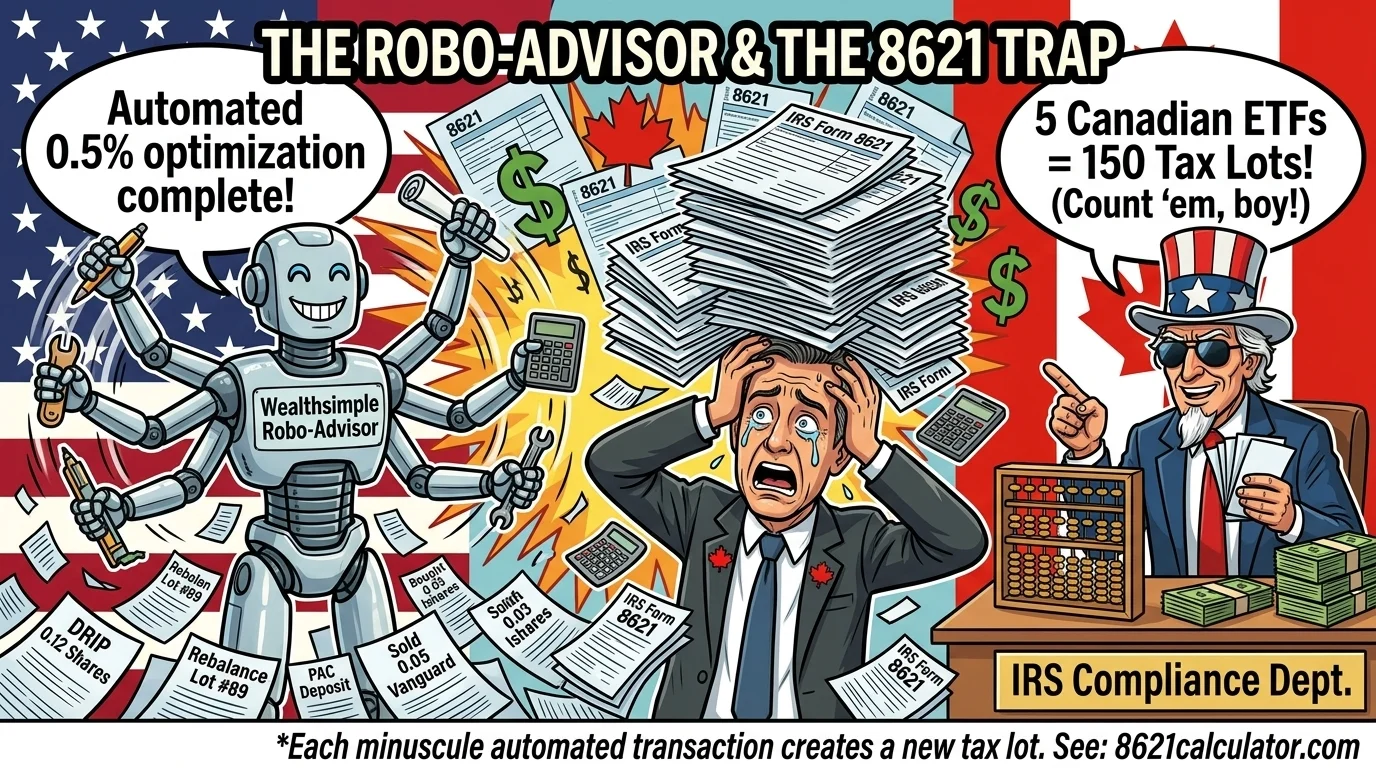 Humorous cartoon of a Wealthsimple robo-advisor rebalancing micro-trades generating hundreds of Form 8621 tax lots
