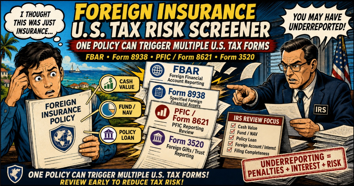 Foreign Insurance U.S. Tax Risk Screener for FBAR, Form 8938, PFIC, and Form 8621 review.