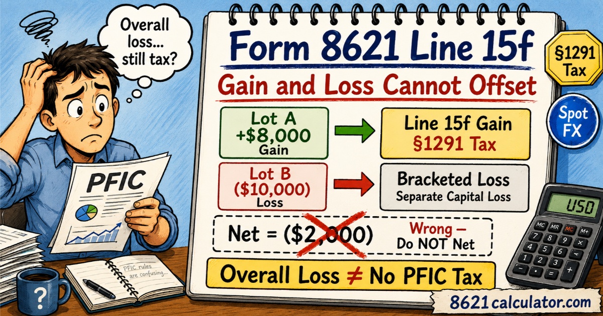 Form 8621 Line 15f PFIC gain and loss no-netting example showing positive gain lots entering Section 1291 tax, loss lots shown in brackets, and USD basis spot FX calculation
