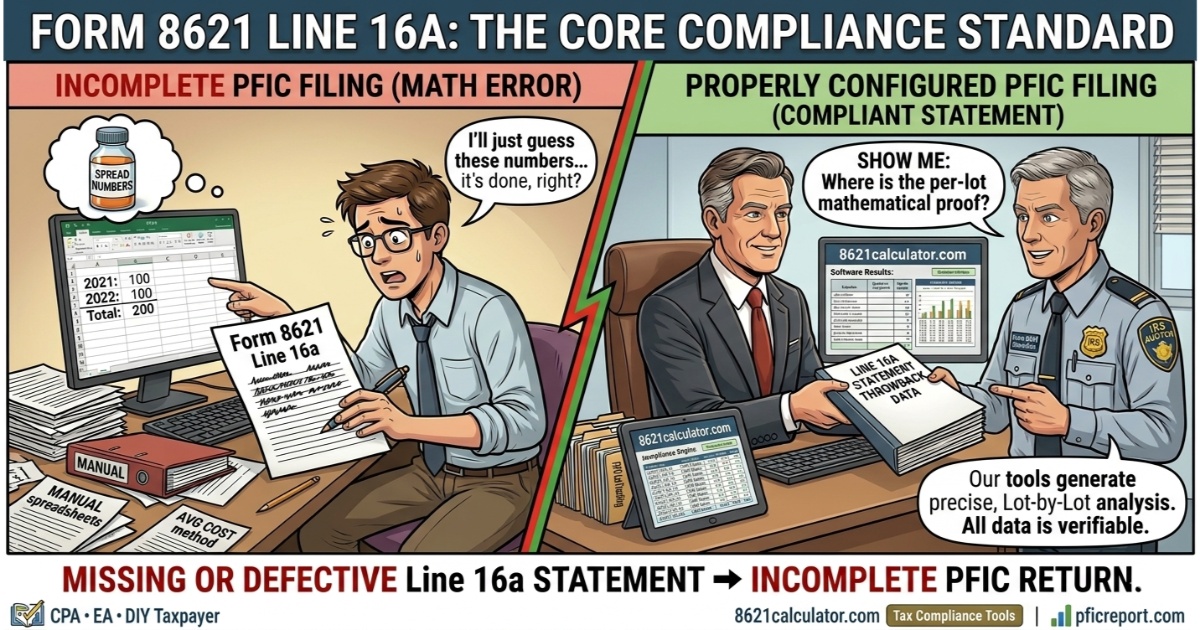 Infographic explaining why a compliant Form 8621 Line 16a statement is mandatory for PFIC reporting. It contrasts manual spreadsheet errors with audit-ready mathematical proof from 8621calculator.com, highlighting the IRS 'Show Me Your Work' standard and IRC 6501(c)(8) statute of limitations risk.