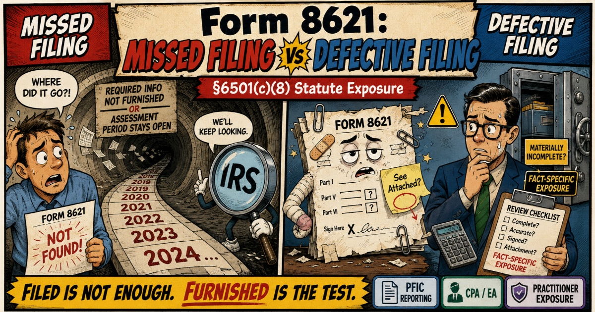 Form 8621 missed filing versus defective filing showing section 6501(c)(8) statute exposure and the rule that filed is not enough if required PFIC information was not furnished.