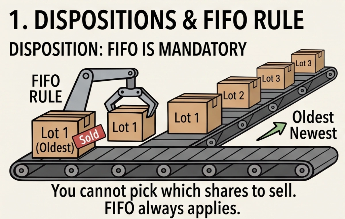 First-In First-Out (FIFO) share ordering queue flowchart for Form 8621 Section 1291 stock sales under Treasury Regulation §1.1291-1(b)(7)(ii)