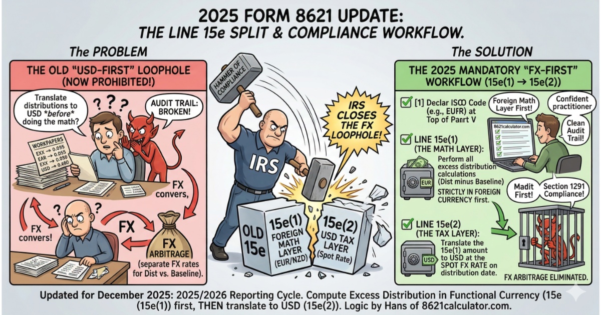 Infographic explaining the 2025 Form 8621 Line 15e split: IRS closes the USD-first loophole by separating the 15e(1) declared currency math layer from the 15e(2) USD spot rate tax layer