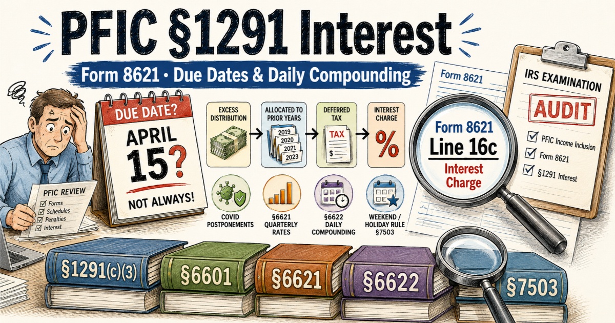 PFIC Section 1291 interest calculation for Form 8621 Line 16c showing statutory due dates, Section 6621 quarterly rates, Section 6622 daily compounding, Section 7503 weekend rules, and IRS audit risk