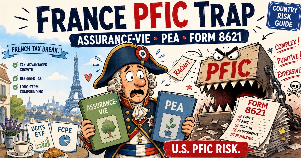 Hand-drawn cartoon OG image showing the France PFIC trap for U.S. taxpayers, with Assurance-Vie, PEA, UCITS ETFs, FCPE funds, Form 8621 paperwork, and a humorous PFIC monster.