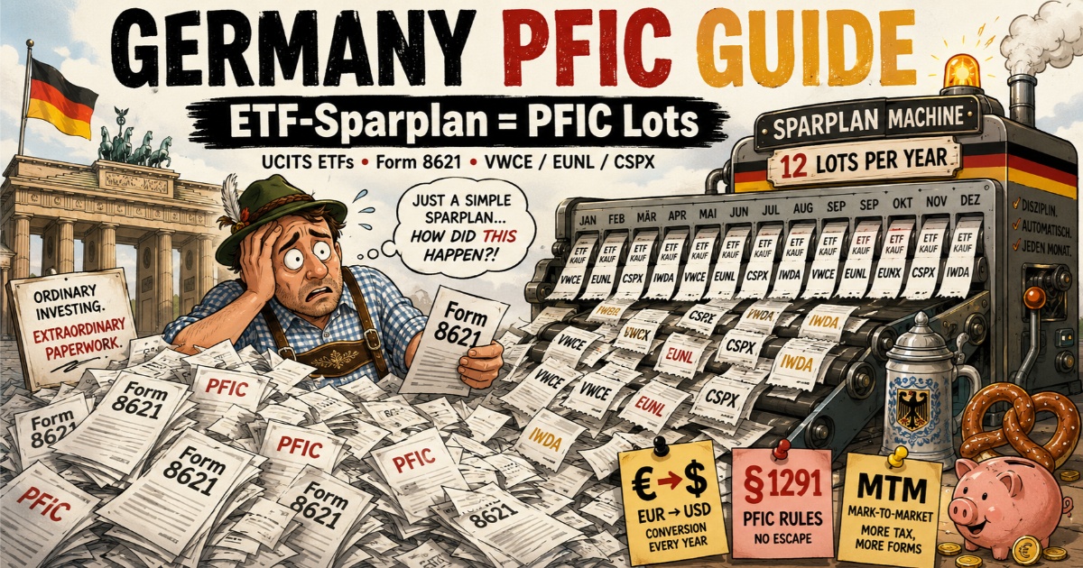 Germany PFIC Guide illustration showing a precise German investor overwhelmed by an automated ETF-Sparplan machine generating monthly PFIC lots, IRS Form 8621 paperwork, EUR-to-USD conversions, §1291 tax, and MTM election issues.