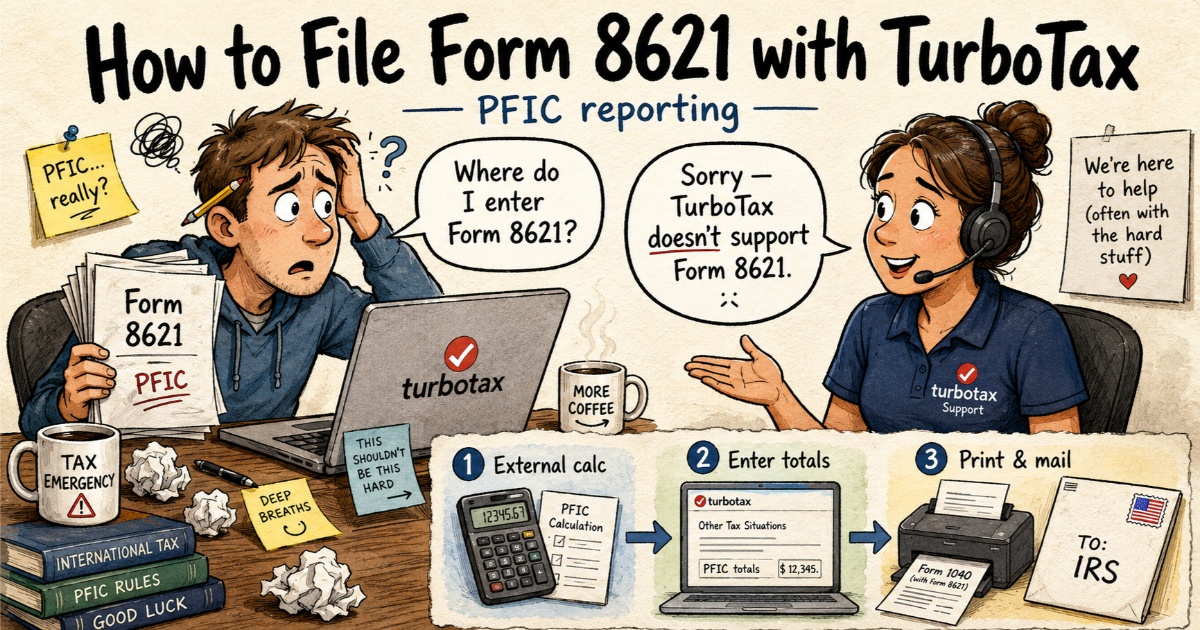 How to file Form 8621 with TurboTax for PFIC reporting using external calculation, TurboTax summary entry, and print-and-mail filing.