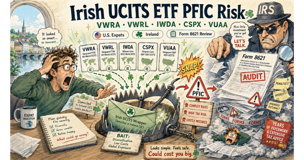 Hand-drawn comic illustration showing U.S. expats in Ireland holding Irish UCITS ETFs such as VWRA, VWRL, IWDA, CSPX, and VUAA falling into a PFIC tax trap with IRS review and Form 8621 paperwork.