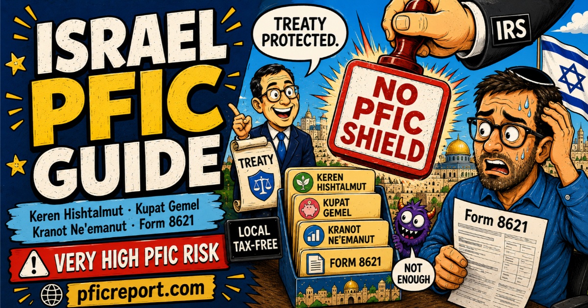 Israel PFIC guide illustration showing Keren Hishtalmut, Kupat Gemel, Kranot Ne'emanut, Keren Sal, Form 8621 and the no PFIC shield treaty issue for U.S. citizens in Israel.