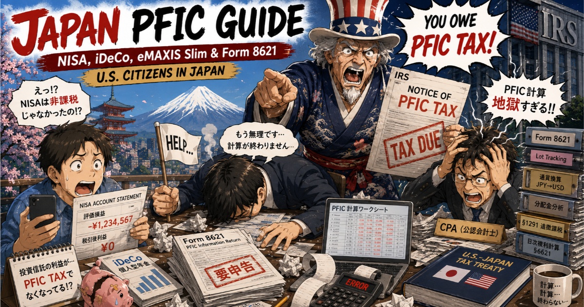 Uncle Sam warning U.S. Expats in Japan about the IRS Form 8621 PFIC tax rules on NISA, iDeCo, and Japanese investment trusts