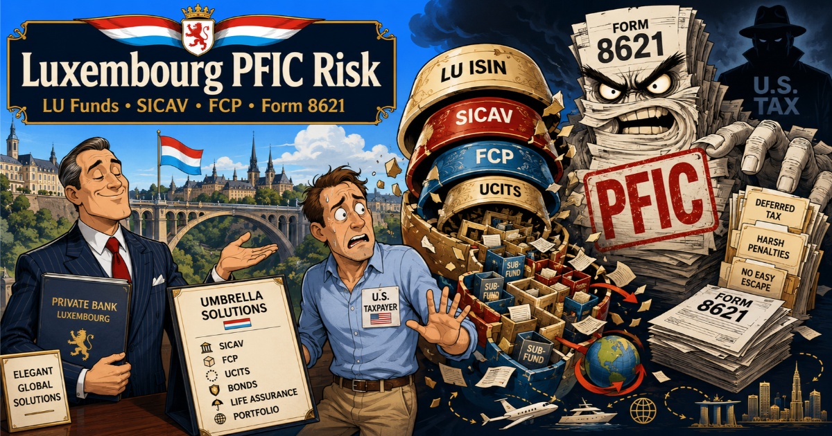 Luxembourg PFIC risk exposure for U.S. taxpayers holding LU-ISIN SICAV, FCP, and UCITS funds through private banking accounts and insurance wrappers, triggering Form 8621 filing obligations.