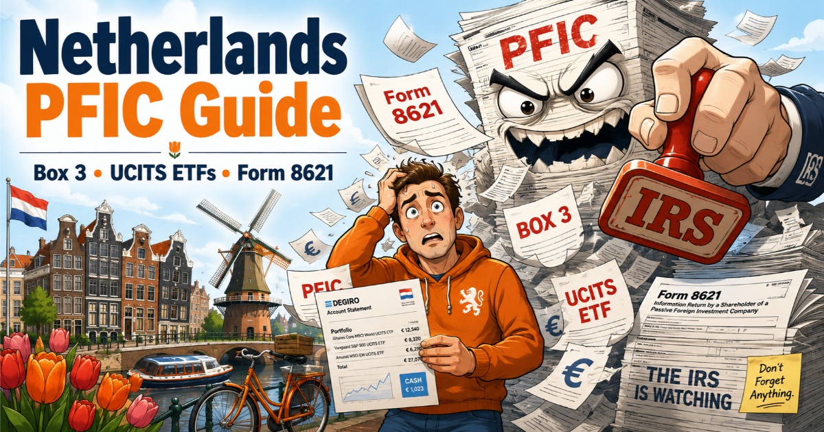 Netherlands PFIC Guide illustration showing a taxpayer in the Netherlands holding a DEGIRO statement, facing an IRS PFIC Form 8621 monster with Box 3 investments and windmills in the background.