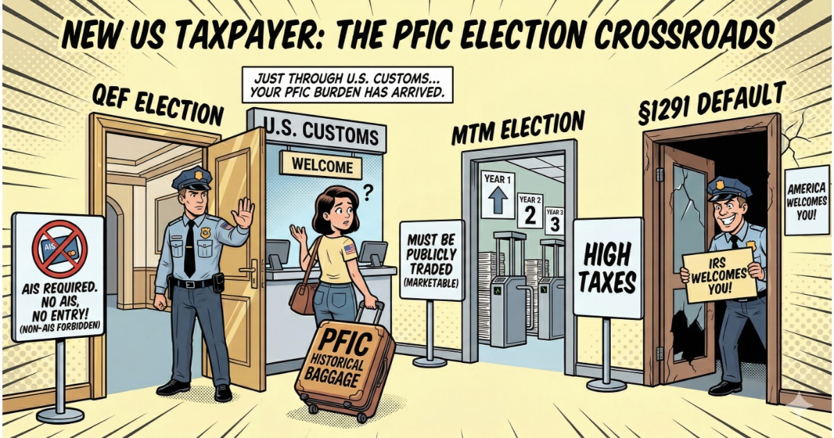 Comic illustration showing a new US taxpayer at customs facing the 'PFIC Election Crossroads' with three doors: QEF Election (requires AIS), MTM Election (marketable assets), and §1291 Default (high taxes and interest).