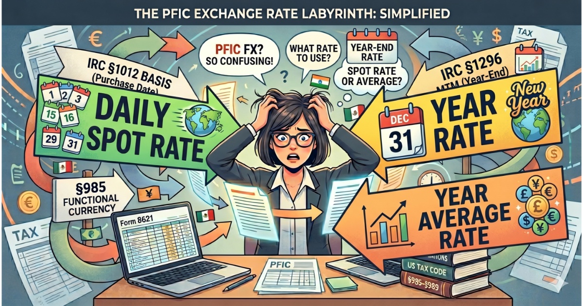 Visual Guide to IRS Form 8621 Exchange Rate Rules: Comparing Daily Spot Rates for Section 1291 Cost Basis vs. Annual Average Rates for Section 1293 QEF Inclusions.