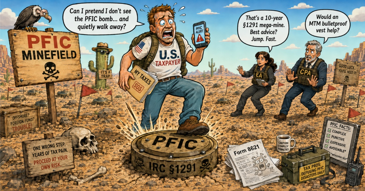 U.S. taxpayer cautiously navigating a PFIC Minefield in a desert landscape with a large IRC §1291 landmine in the foreground, while a CPA and EA provide tactical tax warnings.