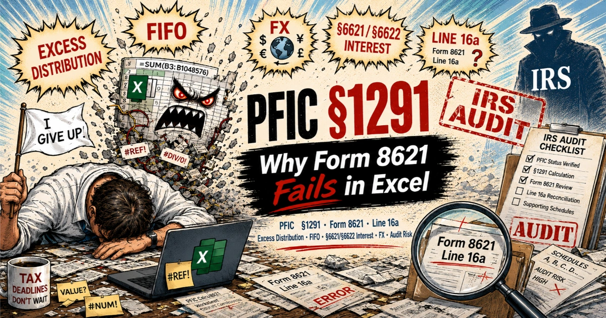 PFIC Section 1291 Form 8621 Excel calculation failure with excess distributions FIFO FX Section 6621 interest Line 16a and IRS audit risk