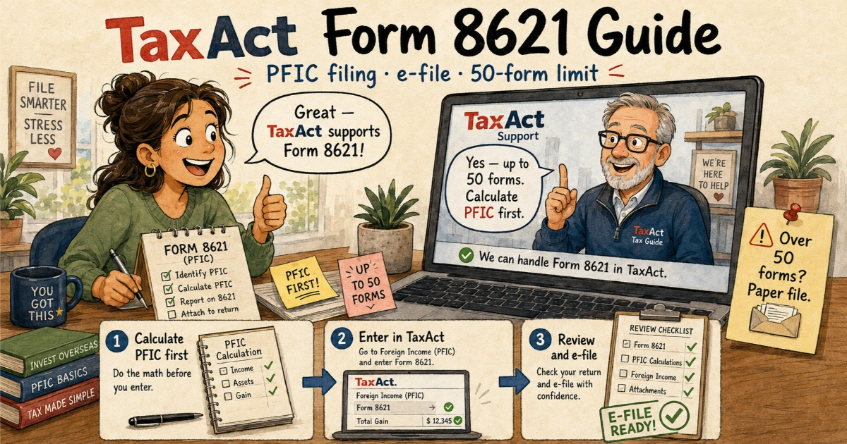 TaxAct Form 8621 PFIC filing guide showing the calculate-first workflow, e-file review, and 50-form limit