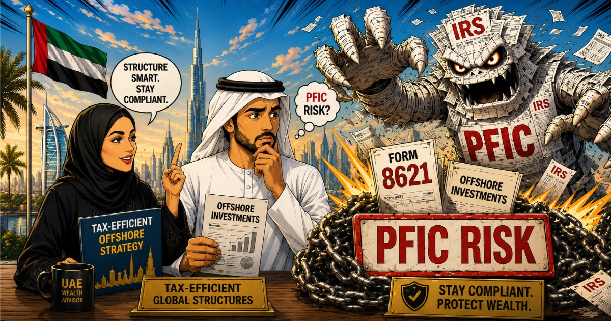 U.S. taxpayer in Dubai consults an advisor regarding UAE offshore bonds, UCITS ETFs, and Indian mutual funds to avoid IRS Form 8621 PFIC tax exposure.